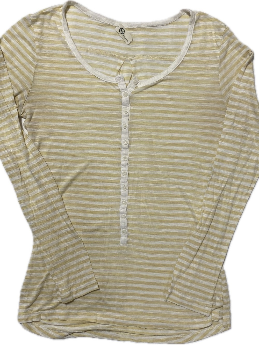 Ag Adriano Goldschmied Yellow and White Striped Long Sleeve Henley Top